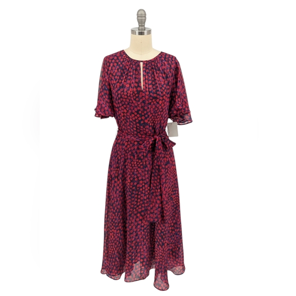 Tahari Dresses & Skirts - 01455 Tahari Polka Dot Chiffon Tea Length Dress Red Purple Size 4 Business casua